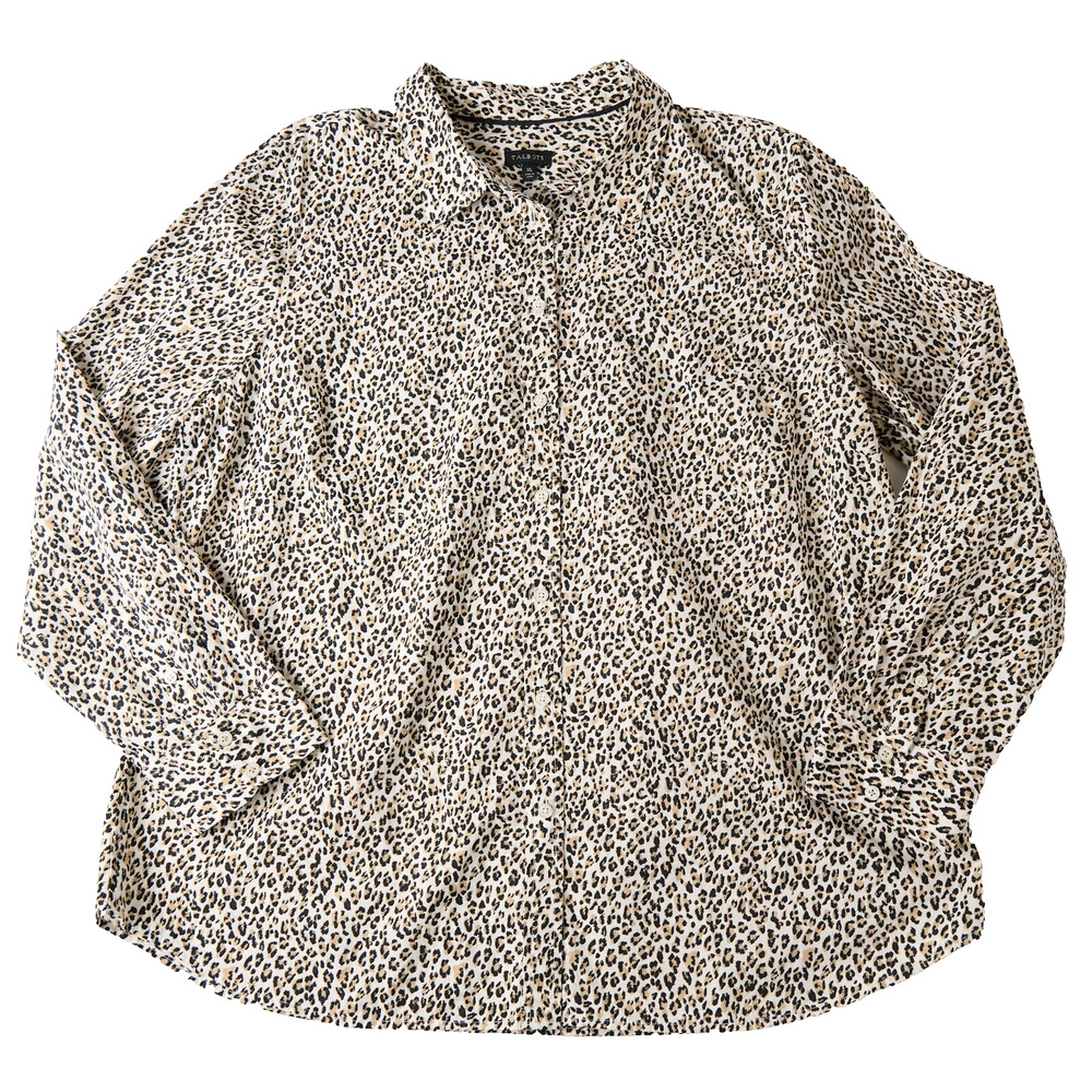 Talbots Womens XL Leopard Print Shirt Ivory Cotton Button Classic Animal Print